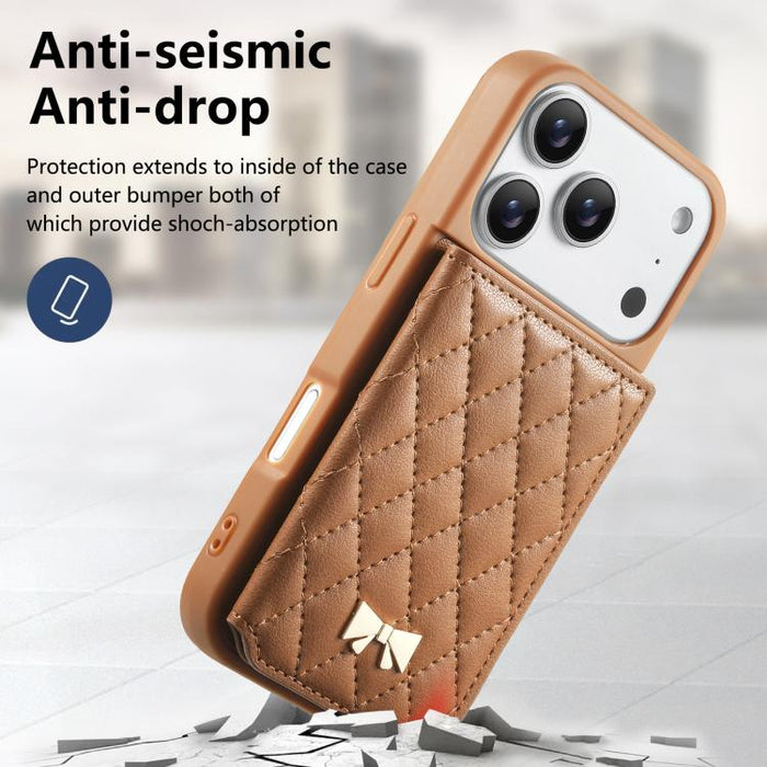 Mirror Rhombic Texture Metal Bow-knot Vegan Leather Card Bag Phone Case, For iPhone 17 Pro Max, For iPhone 17 Pro, For iPhone 17, For iPhone 16 Pro Max, For iPhone 16 Pro, For iPhone 16 Plus, For iPhone 16