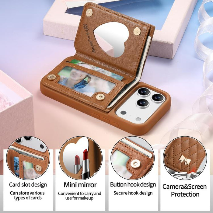 Mirror Rhombic Texture Metal Bow-knot Vegan Leather Card Bag Phone Case, For iPhone 17 Pro Max, For iPhone 17 Pro, For iPhone 17, For iPhone 16 Pro Max, For iPhone 16 Pro, For iPhone 16 Plus, For iPhone 16