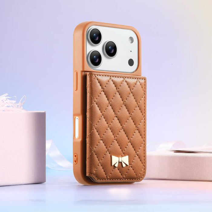 Mirror Rhombic Texture Metal Bow-knot Vegan Leather Card Bag Phone Case, For iPhone 17 Pro Max, For iPhone 17 Pro, For iPhone 17, For iPhone 16 Pro Max, For iPhone 16 Pro, For iPhone 16 Plus, For iPhone 16