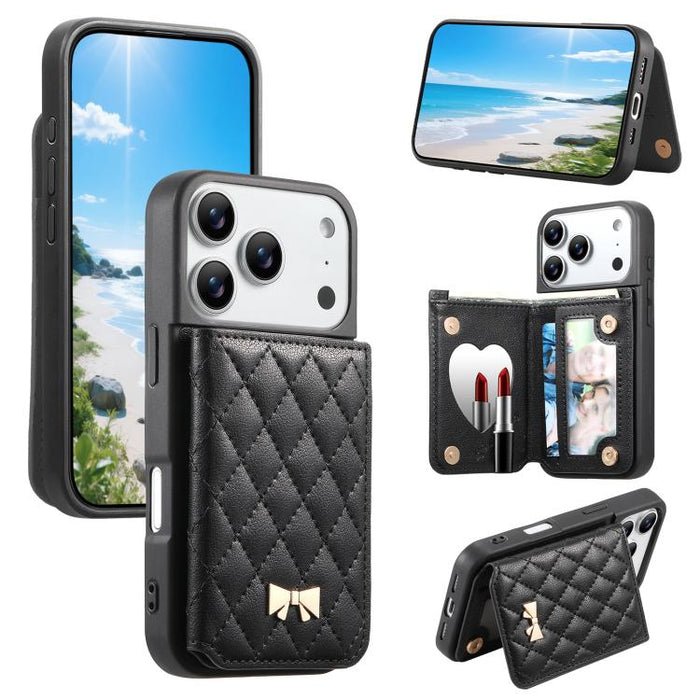 Mirror Rhombic Texture Metal Bow-knot Vegan Leather Card Bag Phone Case, For iPhone 17 Pro Max, For iPhone 17 Pro, For iPhone 17, For iPhone 16 Pro Max, For iPhone 16 Pro, For iPhone 16 Plus, For iPhone 16