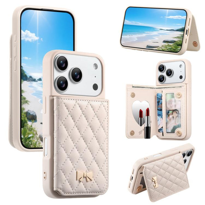 Mirror Rhombic Texture Metal Bow-knot Vegan Leather Card Bag Phone Case, For iPhone 17 Pro Max, For iPhone 17 Pro, For iPhone 17, For iPhone 16 Pro Max, For iPhone 16 Pro, For iPhone 16 Plus, For iPhone 16