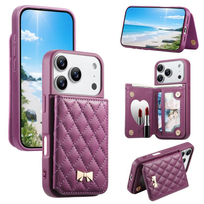 Mirror Rhombic Texture Metal Bow-knot Vegan Leather Card Bag Phone Case, For iPhone 17 Pro Max, For iPhone 17 Pro, For iPhone 17, For iPhone 16 Pro Max, For iPhone 16 Pro, For iPhone 16 Plus, For iPhone 16