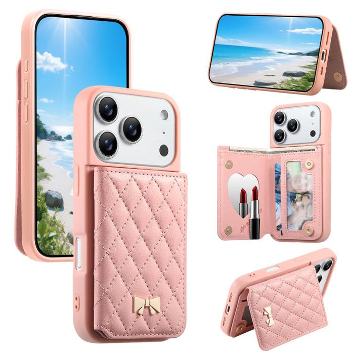 Mirror Rhombic Texture Metal Bow-knot Vegan Leather Card Bag Phone Case, For iPhone 17 Pro Max, For iPhone 17 Pro, For iPhone 17, For iPhone 16 Pro Max, For iPhone 16 Pro, For iPhone 16 Plus, For iPhone 16