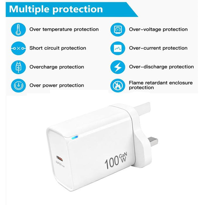 Cargador TE-PD46 GaN de 100 W PD de 45 W totalmente compatible con cable de datos USB-C a USB-C y enchufe británico.