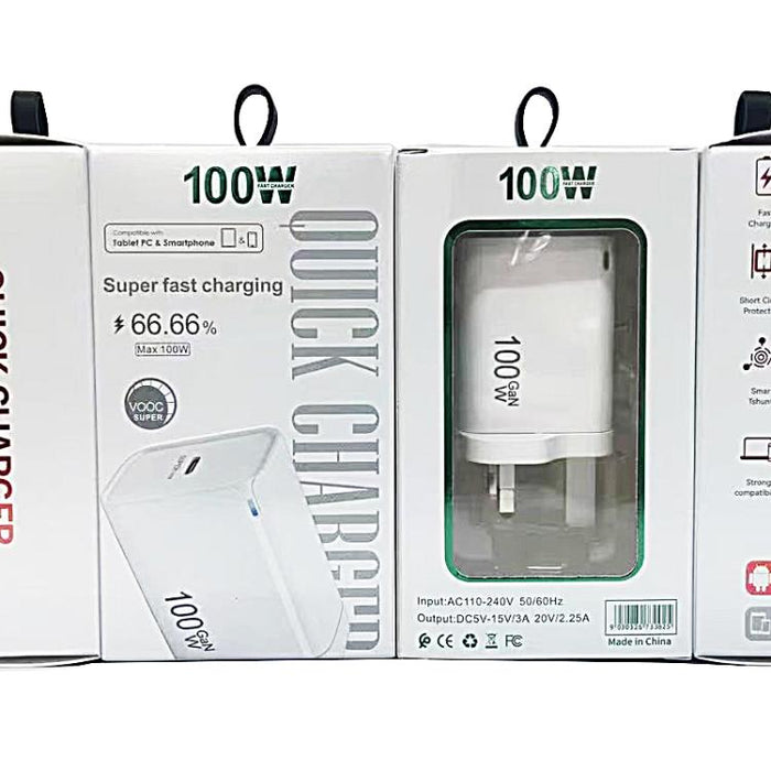 Cargador TE-PD46 GaN de 100 W PD de 45 W totalmente compatible con cable de datos USB-C a USB-C y enchufe británico.