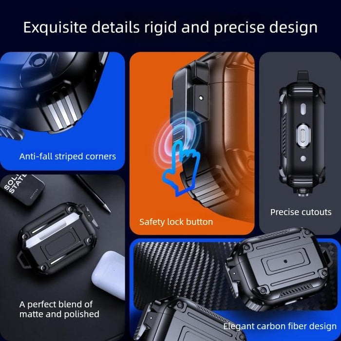 Funda protectora para auriculares con hebilla de seguridad de fibra de carbono Armor y mosquetón, For AirPods Pro 2