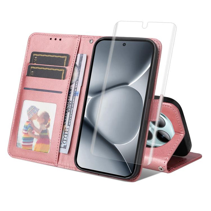 Funda para teléfono ENKAY Card Wallet de piel con textura de becerro y película de hidrogel suave con cobertura total de pegamento., For Redmi Note 15 Pro+ 5G Global 163.3mm, For Redmi Note 15 4G / 5G Global 164mm