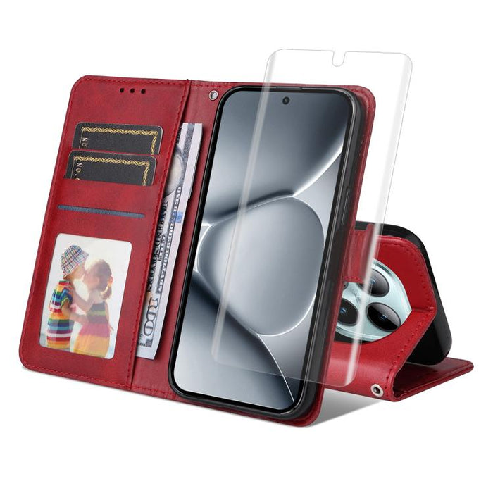 Funda para teléfono ENKAY Card Wallet de piel con textura de becerro y película de hidrogel suave con cobertura total de pegamento., For Redmi Note 15 Pro+ 5G Global 163.3mm, For Redmi Note 15 4G / 5G Global 164mm