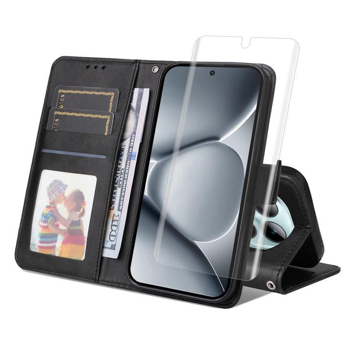 Funda para teléfono ENKAY Card Wallet de piel con textura de becerro y película de hidrogel suave con cobertura total de pegamento., For Redmi Note 15 Pro+ 5G Global 163.3mm, For Redmi Note 15 4G / 5G Global 164mm