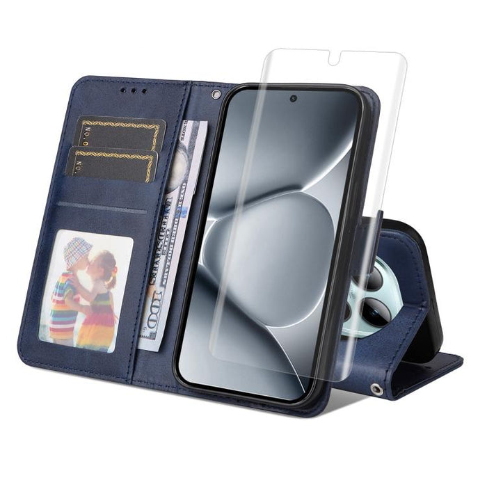 Funda para teléfono ENKAY Card Wallet de piel con textura de becerro y película de hidrogel suave con cobertura total de pegamento., For Redmi Note 15 Pro+ 5G Global 163.3mm, For Redmi Note 15 4G / 5G Global 164mm