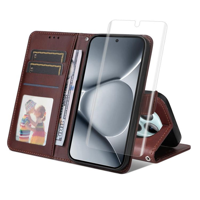 Funda para teléfono ENKAY Card Wallet de piel con textura de becerro y película de hidrogel suave con cobertura total de pegamento., For Redmi Note 15 Pro+ 5G Global 163.3mm, For Redmi Note 15 4G / 5G Global 164mm