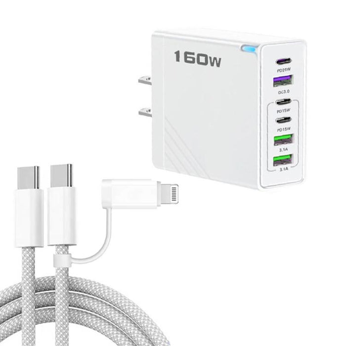 Cargador rápido de 160 W con 3 puertos USB tipo C y cable de 8 pines, enchufe estadounidense., US Plug + Cable