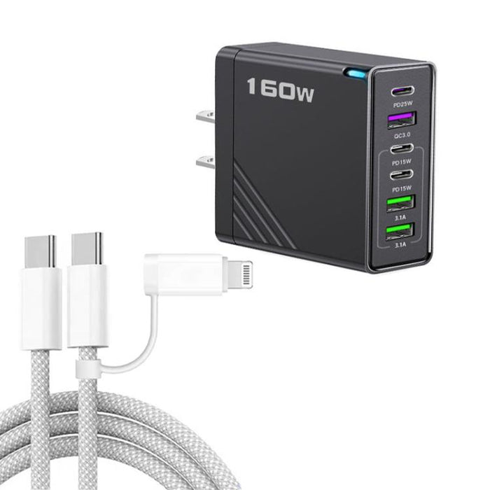 Cargador rápido de 160 W con 3 puertos USB tipo C y cable de 8 pines, enchufe estadounidense., US Plug + Cable