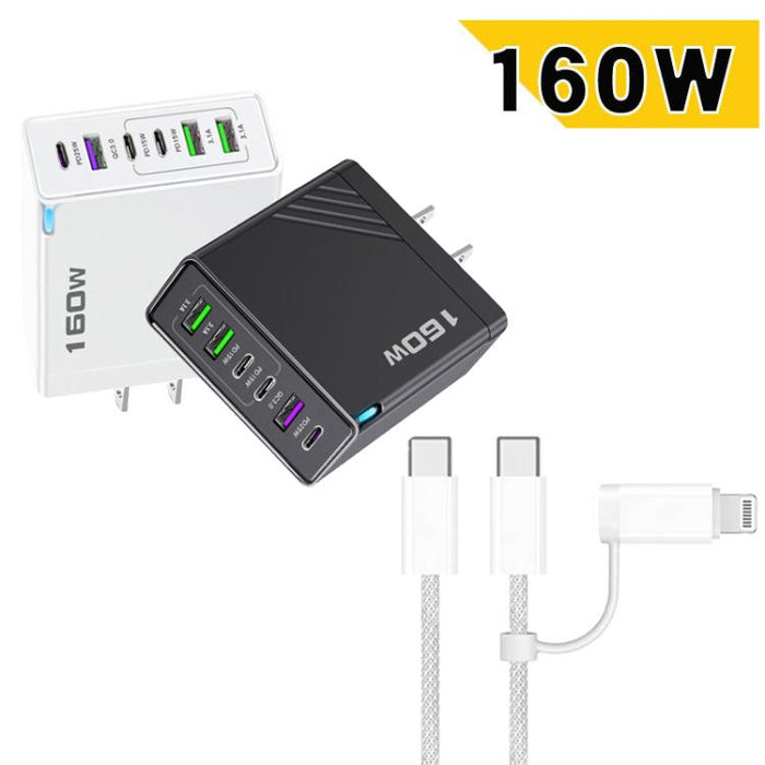 Cargador rápido de 160 W con 3 puertos USB tipo C y cable de 8 pines, enchufe estadounidense., US Plug + Cable