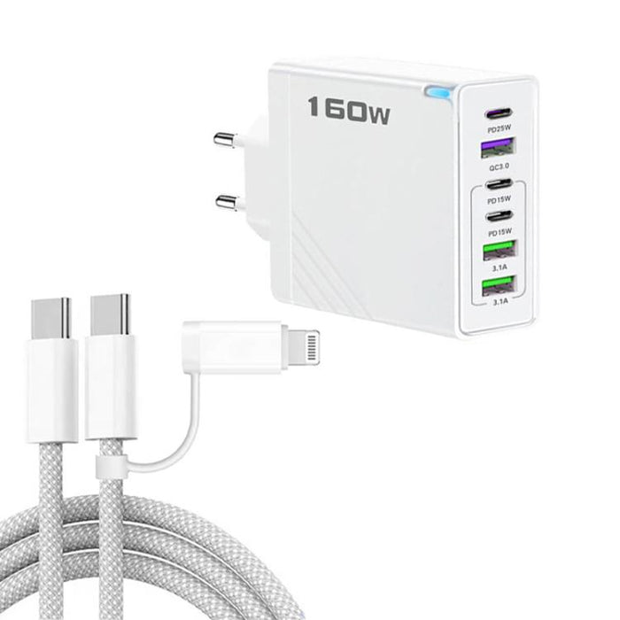 Cargador rápido de 160 W con 3 puertos USB tipo C y cable de 8 pines, enchufe europeo., EU Plug + Cable