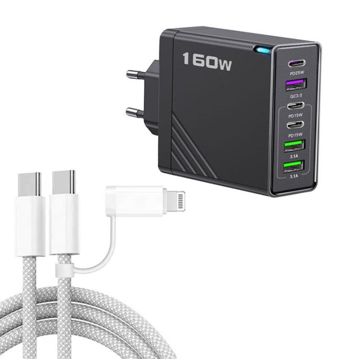 Cargador rápido de 160 W con 3 puertos USB tipo C y cable de 8 pines, enchufe europeo., EU Plug + Cable