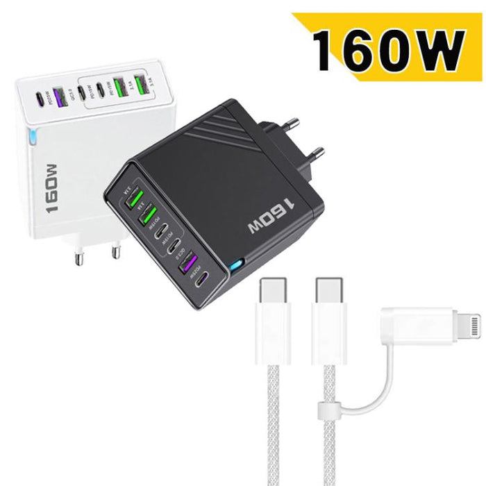 Cargador rápido de 160 W con 3 puertos USB tipo C y cable de 8 pines, enchufe europeo., EU Plug + Cable
