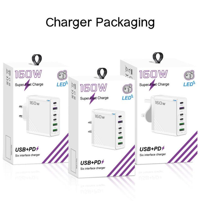 Cargador rápido de 160 W con 3 puertos USB tipo C y cable de 8 pines, enchufe europeo., EU Plug + Cable