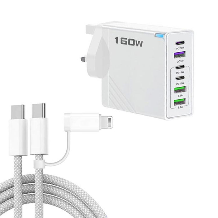Cargador rápido de 160 W con 3 puertos USB tipo C y cable de 8 pines, enchufe británico., UK Plug + Cable