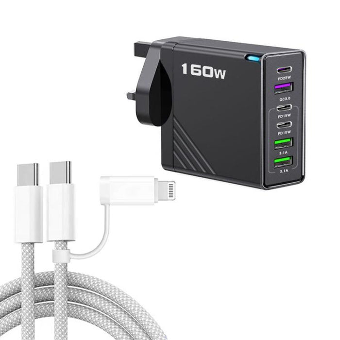 Cargador rápido de 160 W con 3 puertos USB tipo C y cable de 8 pines, enchufe británico., UK Plug + Cable