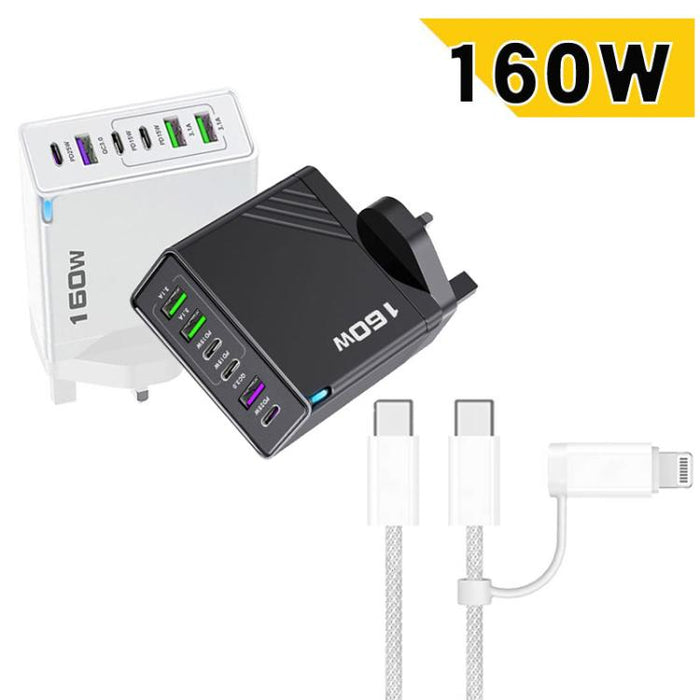 Cargador rápido de 160 W con 3 puertos USB tipo C y cable de 8 pines, enchufe británico., UK Plug + Cable