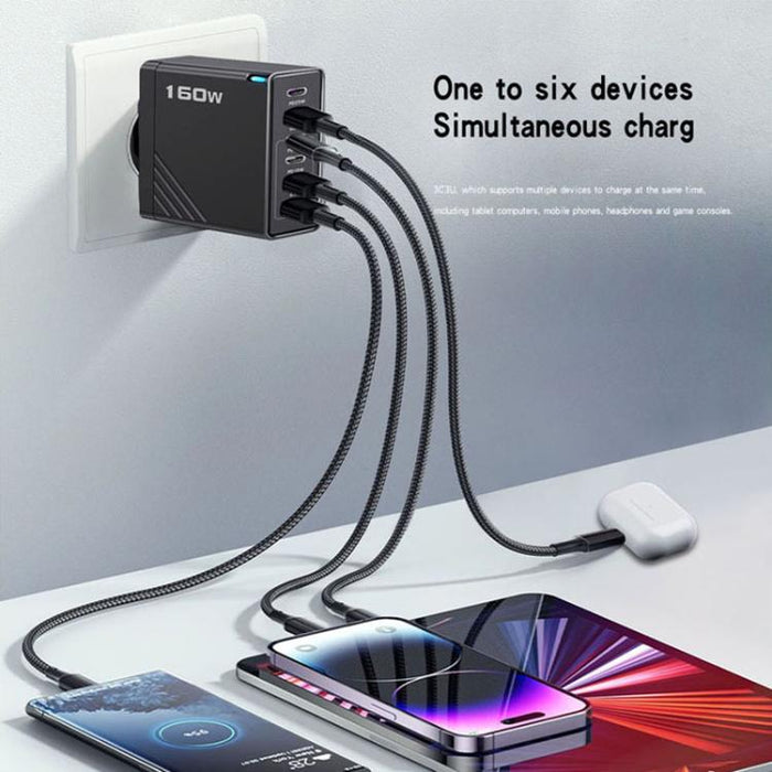 Cargador rápido de 160 W con 3 puertos USB tipo C y cable de 8 pines, enchufe británico., UK Plug + Cable