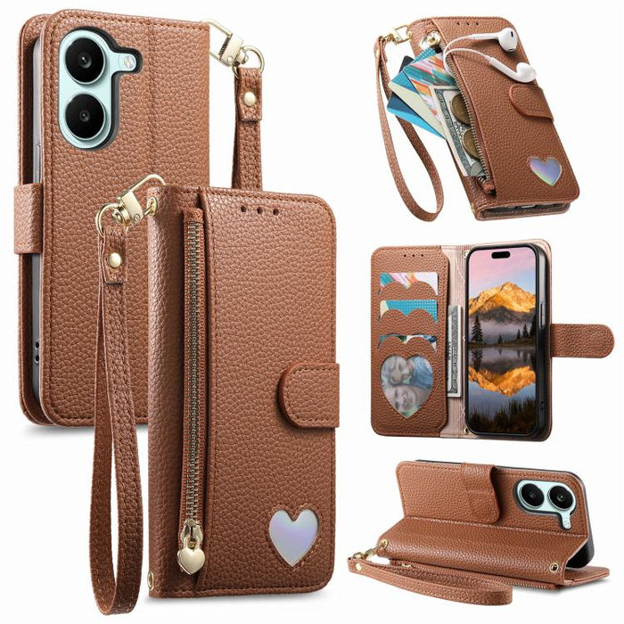 Cartera con cremallera y diseño de corazón de fantasía, funda para teléfono de piel vegana con correa., For Xiaomi Poco X8 Pro Max 5G, For Xiaomi Poco X8 Pro 5G, For Redmi Turbo 5 Max 5G, For Redmi Turbo 5 5G