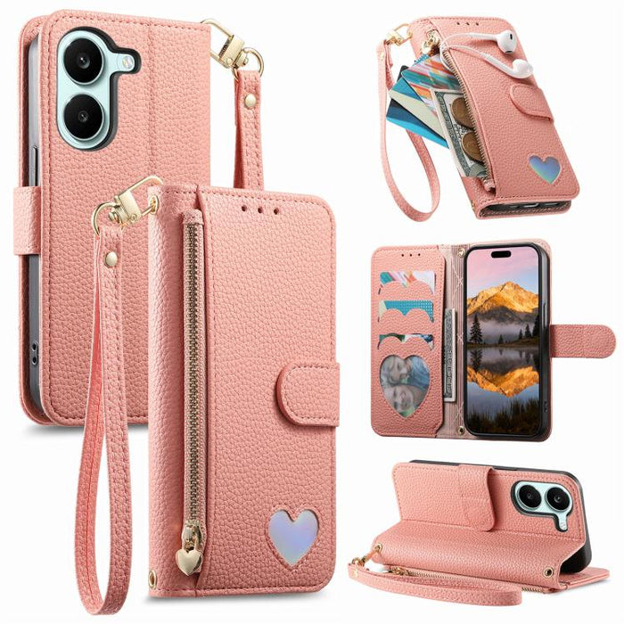 Cartera con cremallera y diseño de corazón de fantasía, funda para teléfono de piel vegana con correa., For Xiaomi Poco X8 Pro Max 5G, For Xiaomi Poco X8 Pro 5G, For Redmi Turbo 5 Max 5G, For Redmi Turbo 5 5G