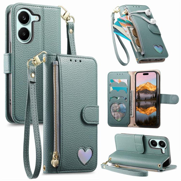Cartera con cremallera y diseño de corazón de fantasía, funda para teléfono de piel vegana con correa., For Xiaomi Poco X8 Pro Max 5G, For Xiaomi Poco X8 Pro 5G, For Redmi Turbo 5 Max 5G, For Redmi Turbo 5 5G