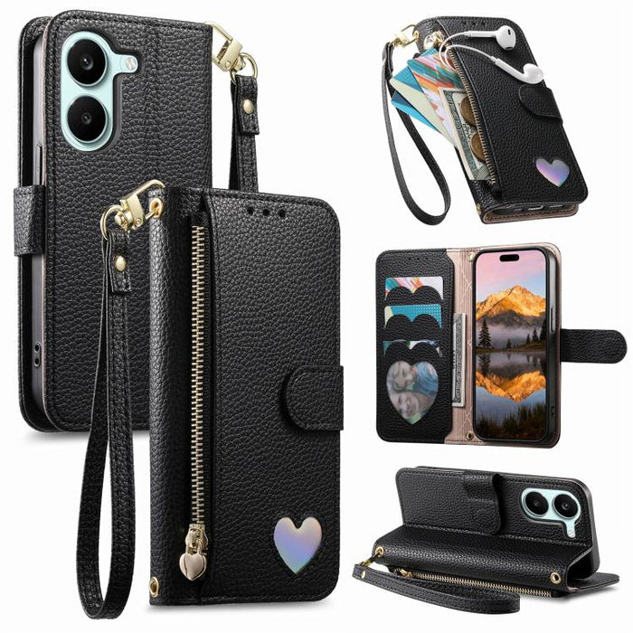 Cartera con cremallera y diseño de corazón de fantasía, funda para teléfono de piel vegana con correa., For Xiaomi Poco X8 Pro Max 5G, For Xiaomi Poco X8 Pro 5G, For Redmi Turbo 5 Max 5G, For Redmi Turbo 5 5G