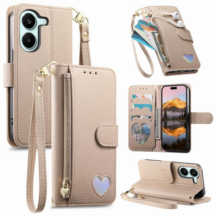 Cartera con cremallera y diseño de corazón de fantasía, funda para teléfono de piel vegana con correa., For Xiaomi Poco X8 Pro Max 5G, For Xiaomi Poco X8 Pro 5G, For Redmi Turbo 5 Max 5G, For Redmi Turbo 5 5G