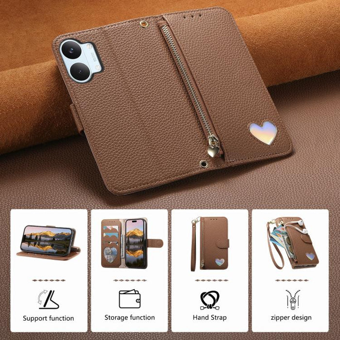 Cartera con cremallera y diseño de corazón de fantasía, funda para teléfono de piel vegana con correa., For Xiaomi Poco X8 Pro Max 5G, For Xiaomi Poco X8 Pro 5G, For Redmi Turbo 5 Max 5G, For Redmi Turbo 5 5G