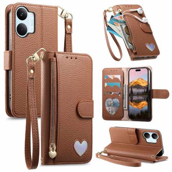 Cartera con cremallera y diseño de corazón de fantasía, funda para teléfono de piel vegana con correa., For Xiaomi Poco X8 Pro Max 5G, For Xiaomi Poco X8 Pro 5G, For Redmi Turbo 5 Max 5G, For Redmi Turbo 5 5G