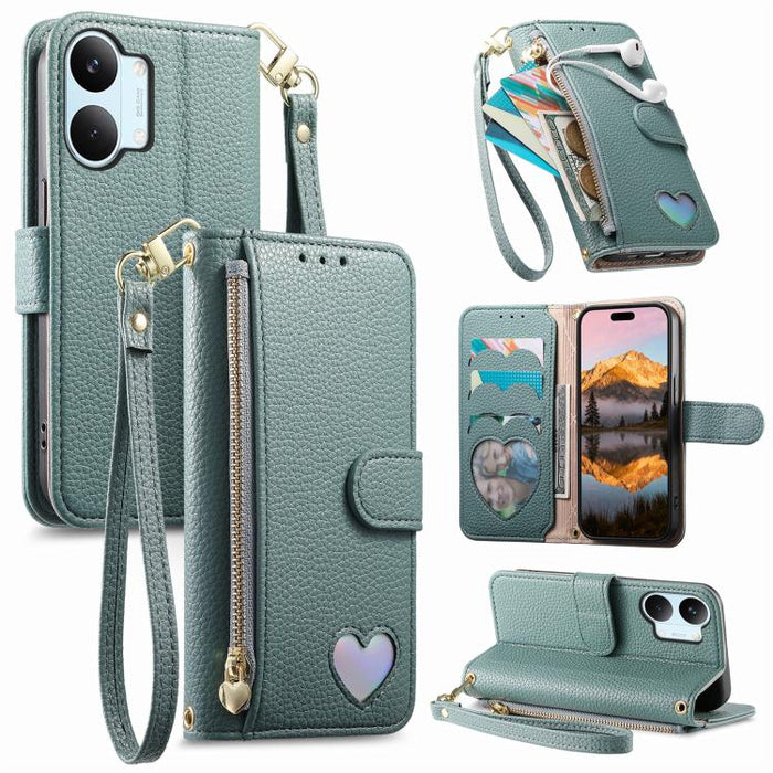 Cartera con cremallera y diseño de corazón de fantasía, funda para teléfono de piel vegana con correa., For Xiaomi Poco X8 Pro Max 5G, For Xiaomi Poco X8 Pro 5G, For Redmi Turbo 5 Max 5G, For Redmi Turbo 5 5G