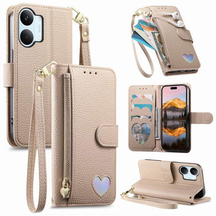 Cartera con cremallera y diseño de corazón de fantasía, funda para teléfono de piel vegana con correa., For Xiaomi Poco X8 Pro Max 5G, For Xiaomi Poco X8 Pro 5G, For Redmi Turbo 5 Max 5G, For Redmi Turbo 5 5G