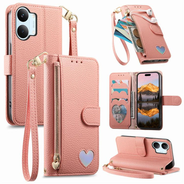 Cartera con cremallera y diseño de corazón de fantasía, funda para teléfono de piel vegana con correa., For Xiaomi Poco X8 Pro Max 5G, For Xiaomi Poco X8 Pro 5G, For Redmi Turbo 5 Max 5G, For Redmi Turbo 5 5G