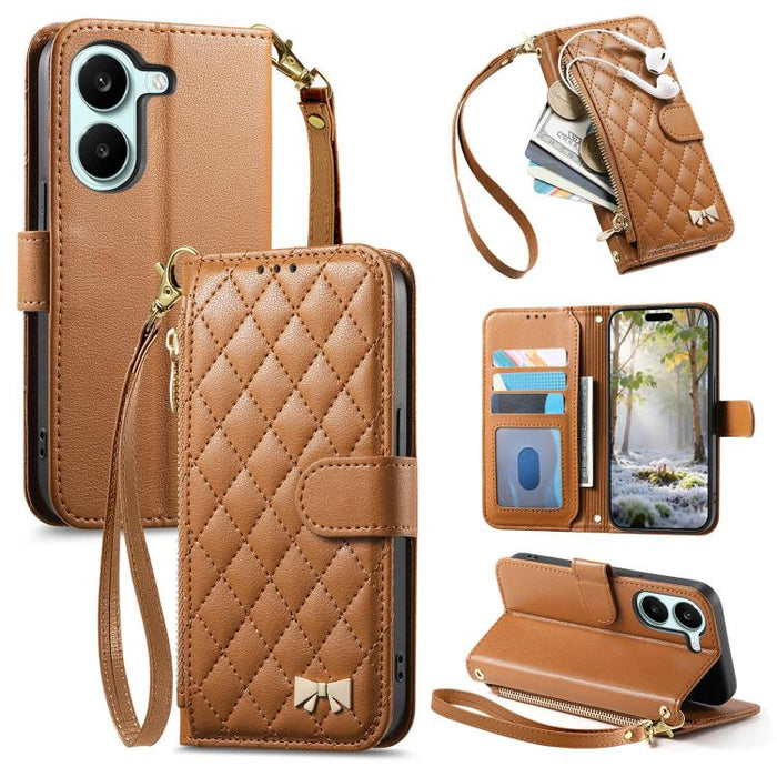 Cartera con cremallera de textura romboidal, lazo metálico, funda para teléfono de piel vegana con correa., For Xiaomi Poco X8 Pro Max 5G, For Xiaomi Poco X8 Pro 5G, For Redmi Turbo 5 Max 5G, For Redmi Turbo 5 5G