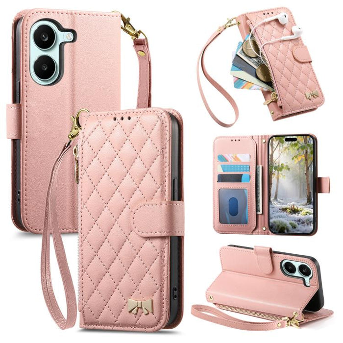 Cartera con cremallera de textura romboidal, lazo metálico, funda para teléfono de piel vegana con correa., For Xiaomi Poco X8 Pro Max 5G, For Xiaomi Poco X8 Pro 5G, For Redmi Turbo 5 Max 5G, For Redmi Turbo 5 5G