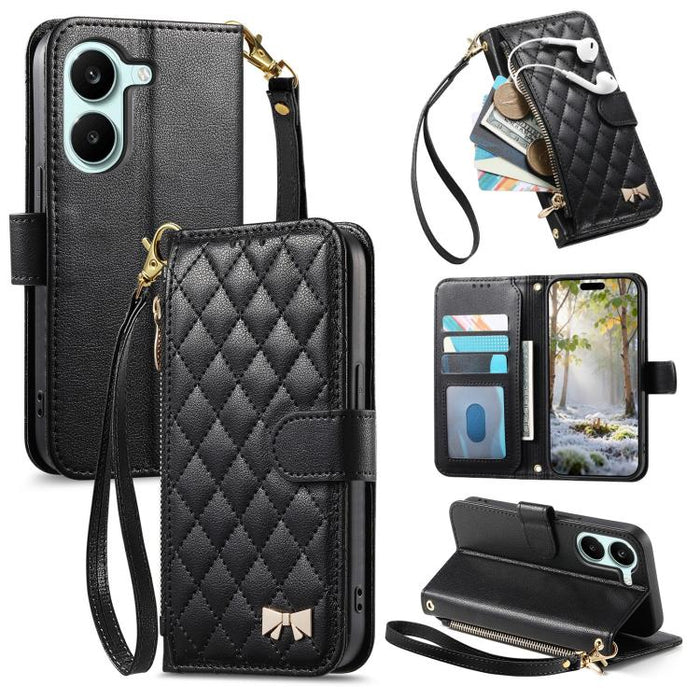 Cartera con cremallera de textura romboidal, lazo metálico, funda para teléfono de piel vegana con correa., For Xiaomi Poco X8 Pro Max 5G, For Xiaomi Poco X8 Pro 5G, For Redmi Turbo 5 Max 5G, For Redmi Turbo 5 5G