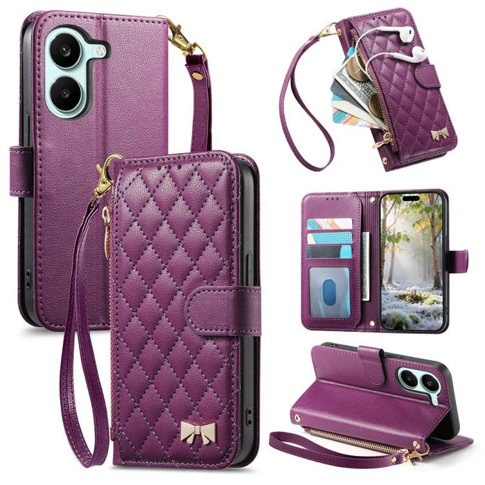 Cartera con cremallera de textura romboidal, lazo metálico, funda para teléfono de piel vegana con correa., For Xiaomi Poco X8 Pro Max 5G, For Xiaomi Poco X8 Pro 5G, For Redmi Turbo 5 Max 5G, For Redmi Turbo 5 5G