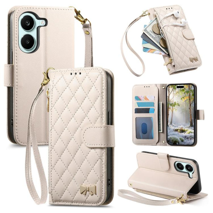 Cartera con cremallera de textura romboidal, lazo metálico, funda para teléfono de piel vegana con correa., For Xiaomi Poco X8 Pro Max 5G, For Xiaomi Poco X8 Pro 5G, For Redmi Turbo 5 Max 5G, For Redmi Turbo 5 5G
