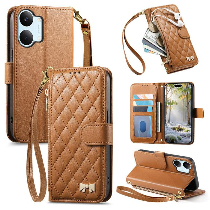 Cartera con cremallera de textura romboidal, lazo metálico, funda para teléfono de piel vegana con correa., For Xiaomi Poco X8 Pro Max 5G, For Xiaomi Poco X8 Pro 5G, For Redmi Turbo 5 Max 5G, For Redmi Turbo 5 5G
