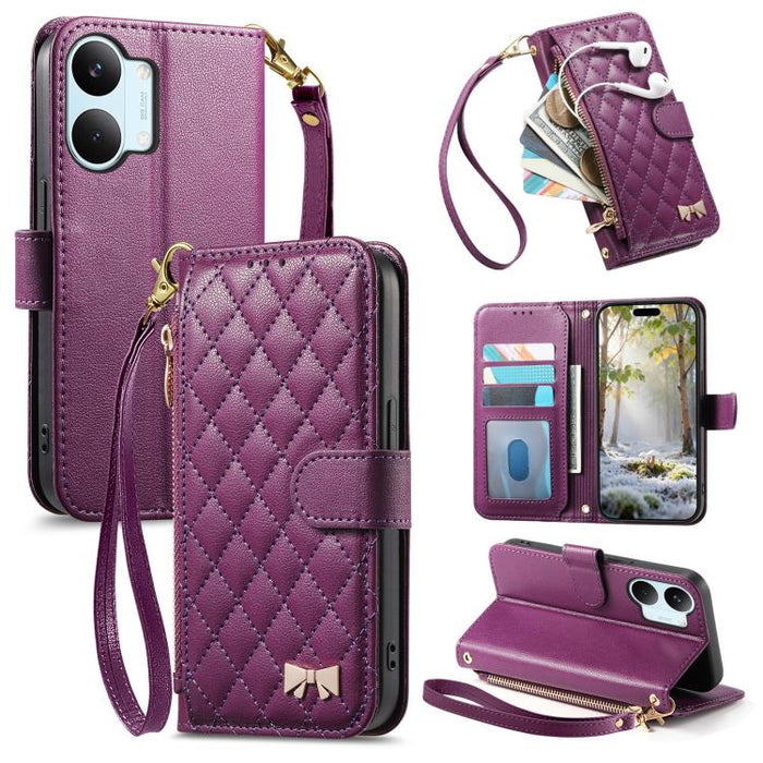 Cartera con cremallera de textura romboidal, lazo metálico, funda para teléfono de piel vegana con correa., For Xiaomi Poco X8 Pro Max 5G, For Xiaomi Poco X8 Pro 5G, For Redmi Turbo 5 Max 5G, For Redmi Turbo 5 5G