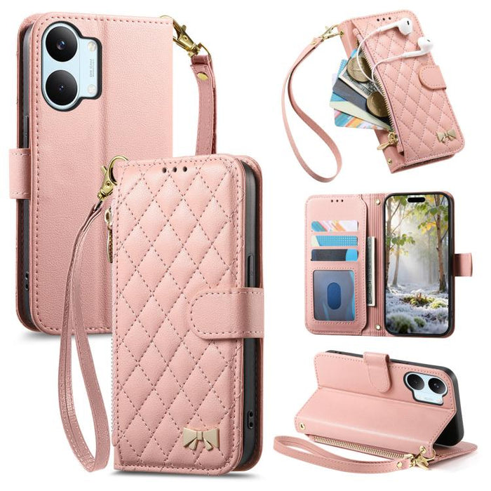 Cartera con cremallera de textura romboidal, lazo metálico, funda para teléfono de piel vegana con correa., For Xiaomi Poco X8 Pro Max 5G, For Xiaomi Poco X8 Pro 5G, For Redmi Turbo 5 Max 5G, For Redmi Turbo 5 5G