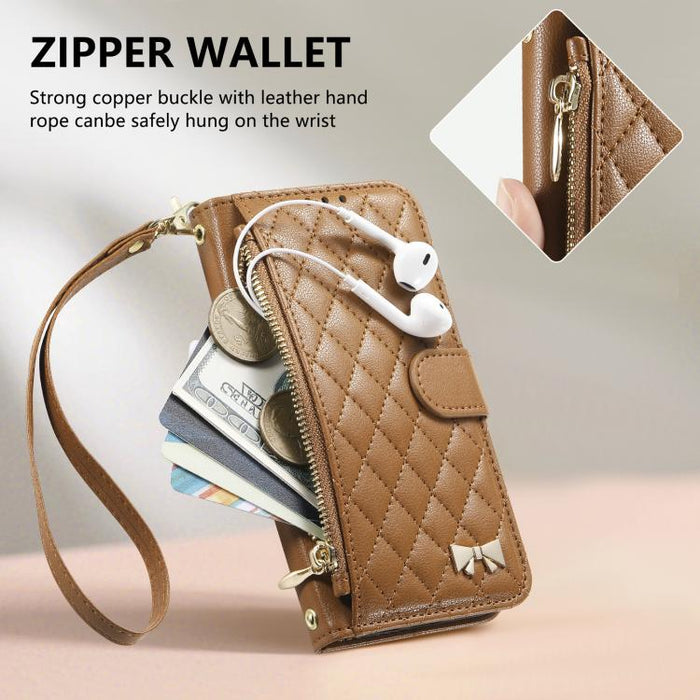 Cartera con cremallera de textura romboidal, lazo metálico, funda para teléfono de piel vegana con correa., For Xiaomi Poco X8 Pro Max 5G, For Xiaomi Poco X8 Pro 5G, For Redmi Turbo 5 Max 5G, For Redmi Turbo 5 5G