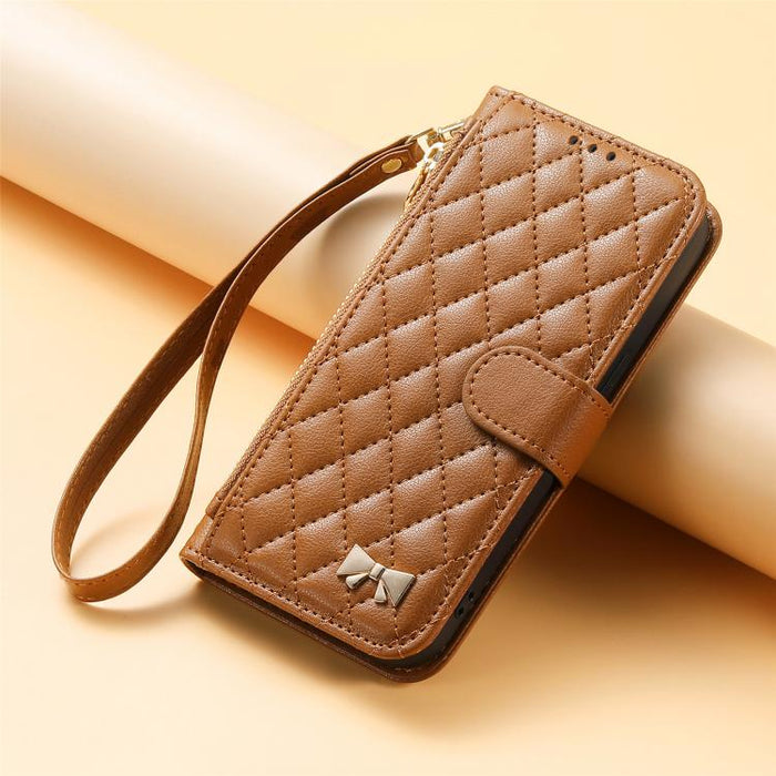 Cartera con cremallera de textura romboidal, lazo metálico, funda para teléfono de piel vegana con correa., For Xiaomi Poco X8 Pro Max 5G, For Xiaomi Poco X8 Pro 5G, For Redmi Turbo 5 Max 5G, For Redmi Turbo 5 5G