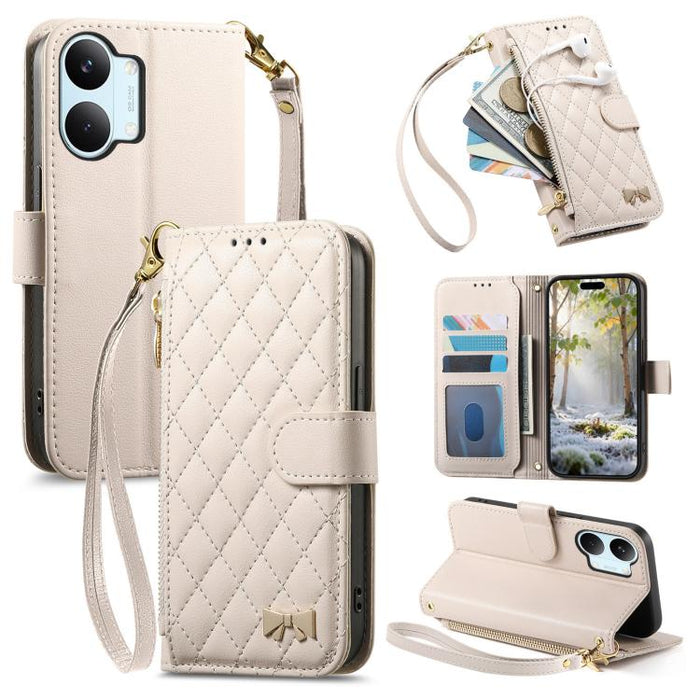 Cartera con cremallera de textura romboidal, lazo metálico, funda para teléfono de piel vegana con correa., For Xiaomi Poco X8 Pro Max 5G, For Xiaomi Poco X8 Pro 5G, For Redmi Turbo 5 Max 5G, For Redmi Turbo 5 5G