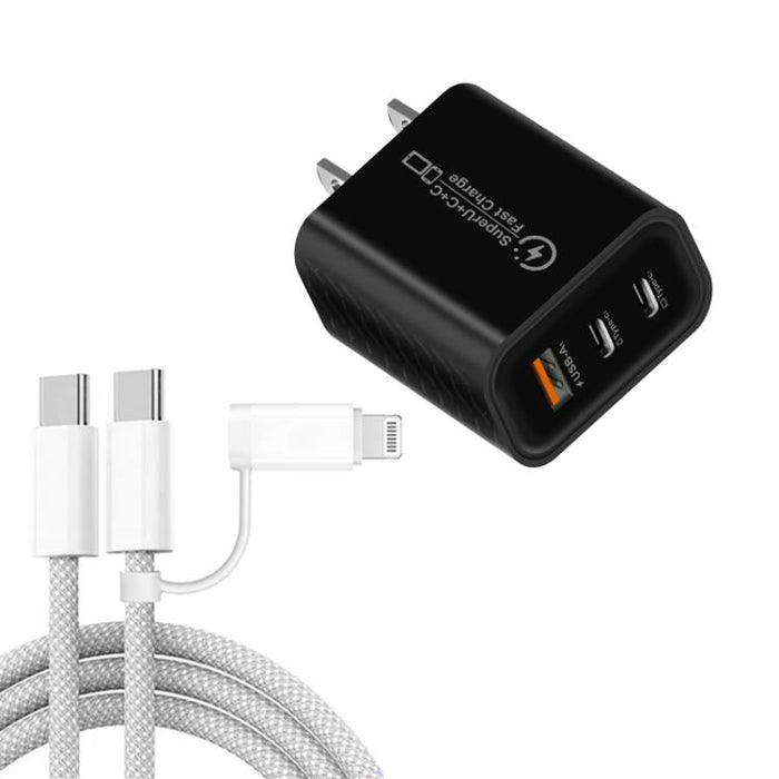 949-2C1A PD25W Tipo-C x 2, Cargador USB 3.0 con cable Tipo-C a Tipo-C / 8 pines, Enchufe estadounidense, US Plug + Cable