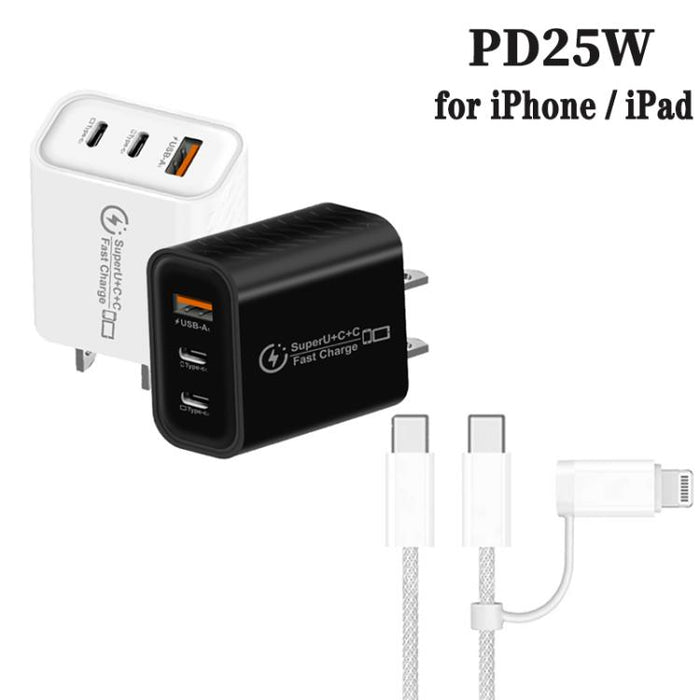 949-2C1A PD25W Tipo-C x 2, Cargador USB 3.0 con cable Tipo-C a Tipo-C / 8 pines, Enchufe estadounidense, US Plug + Cable