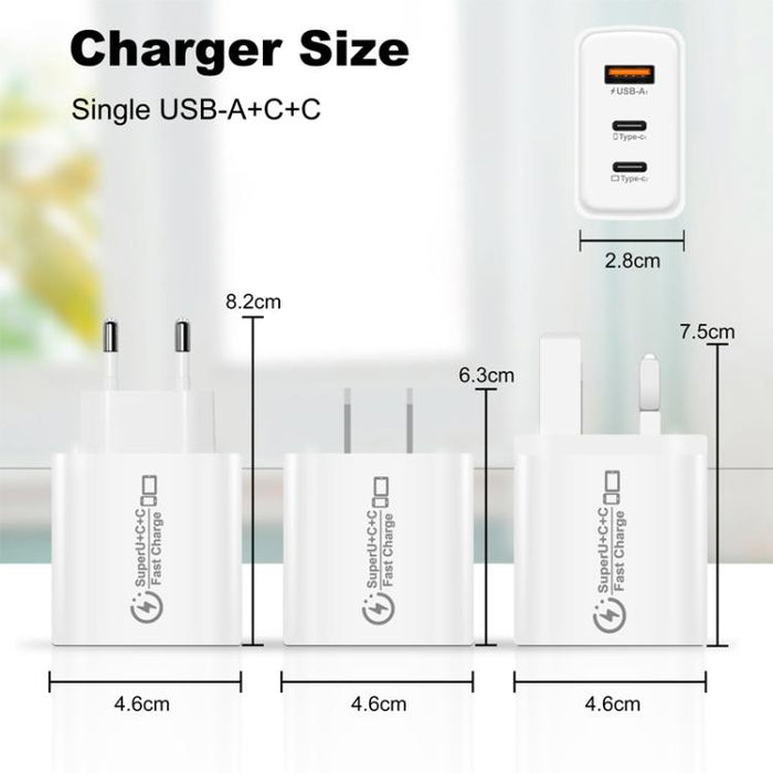 949-2C1A PD25W Tipo-C x 2, Cargador USB 3.0 con cable Tipo-C a Tipo-C / 8 pines, Enchufe estadounidense, US Plug + Cable